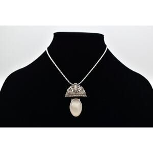 Rebecca Collins Pendant Necklace Frosted Cabochon Silver Tone Chain Signed BinBE